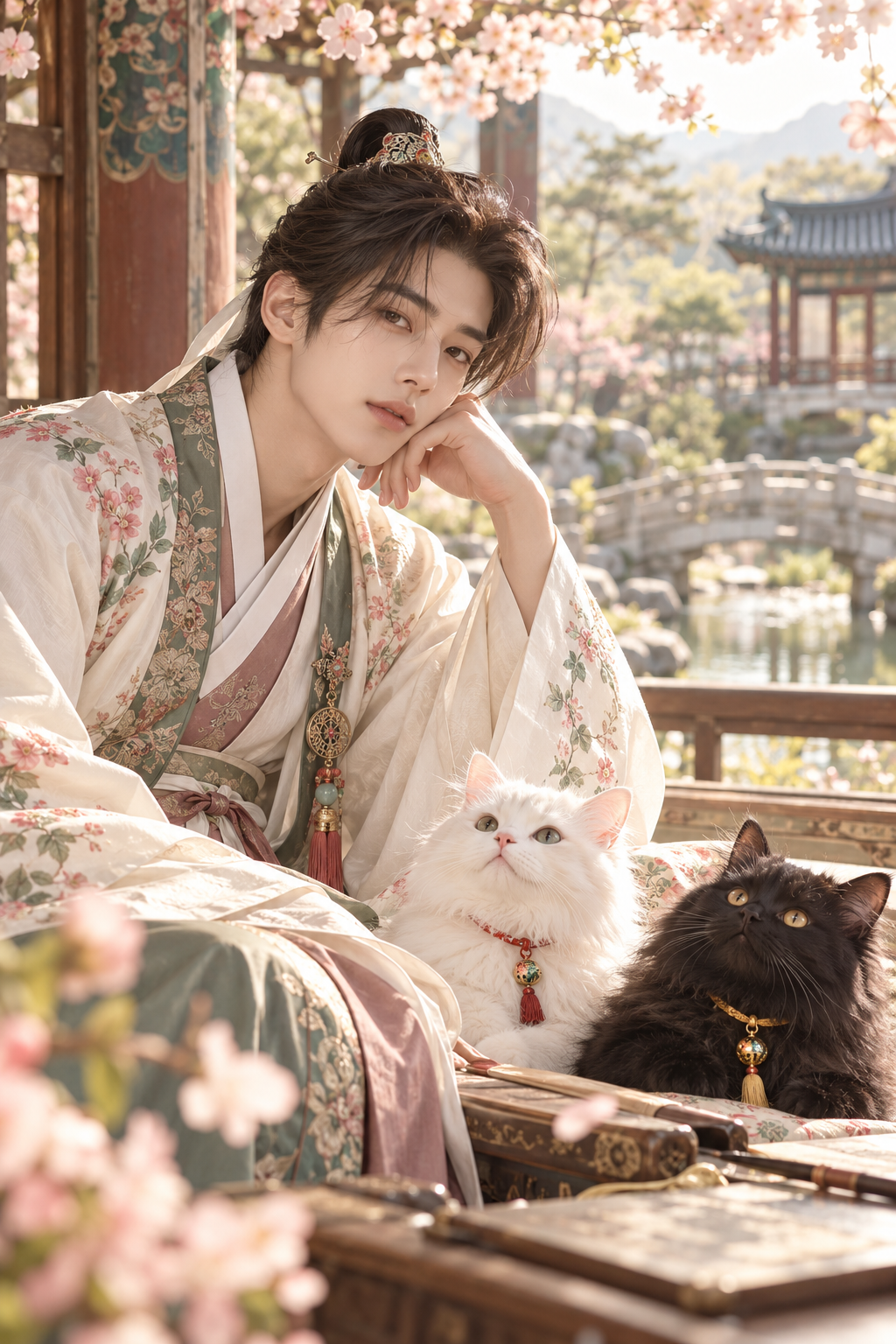 꽃무늬 한복을 입은 꽃도령과 흰 고양이, 검은 고양이 두 마리